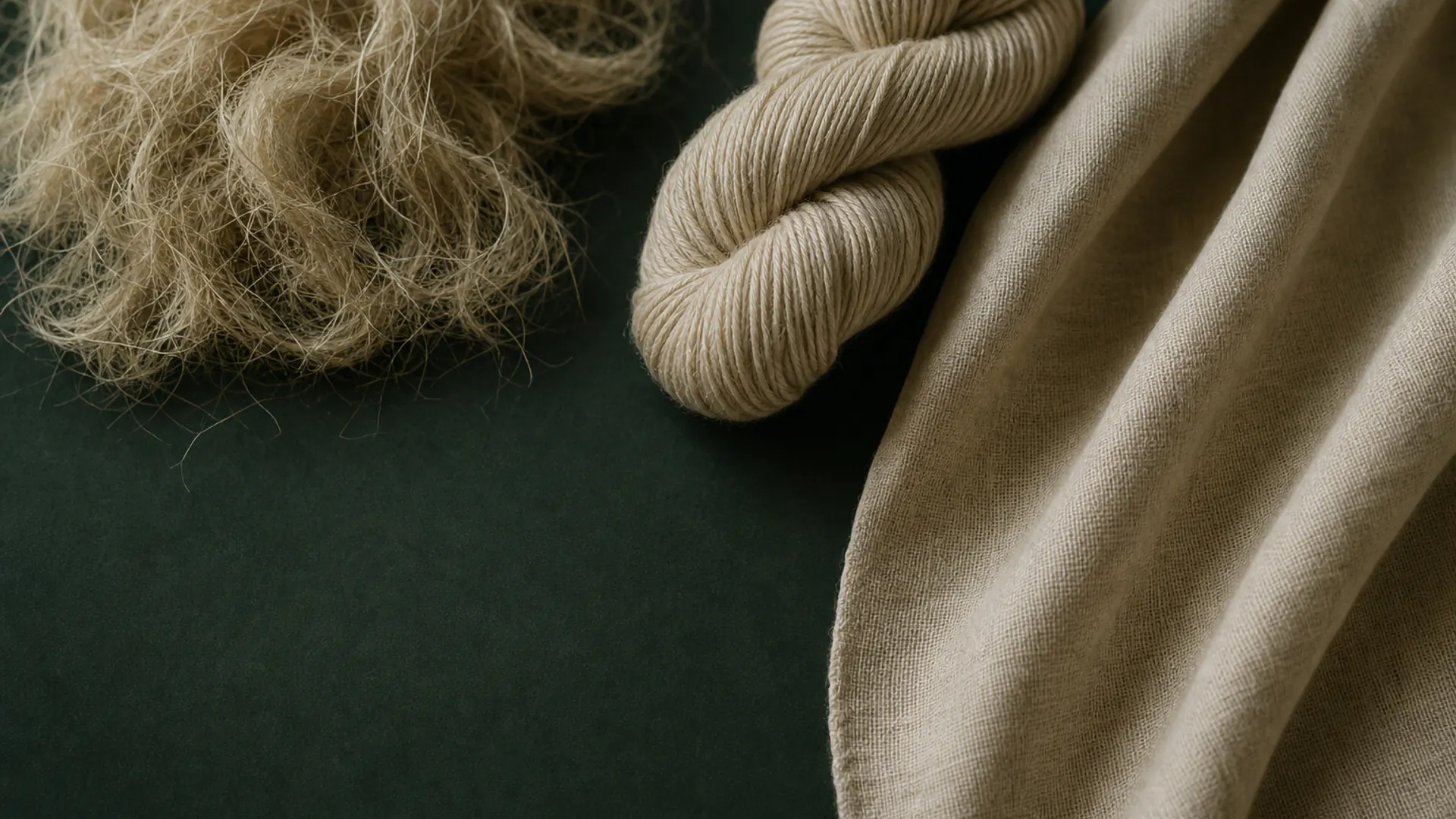 An editorial transition from loose hemp fibre to yarn and warm-ecru woven fabric.